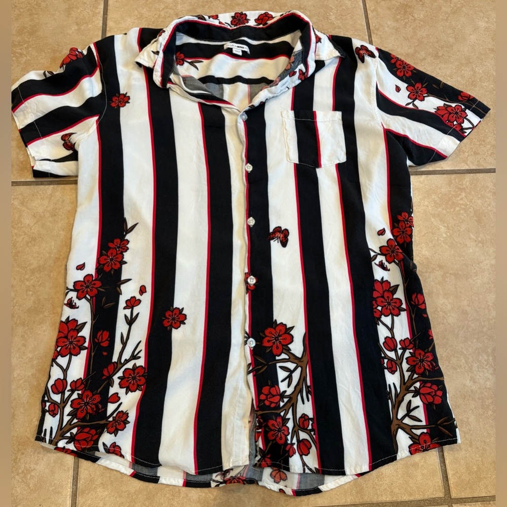 Fashion Nova Black and White Striped Button-Down Shirt with Red Floral Details